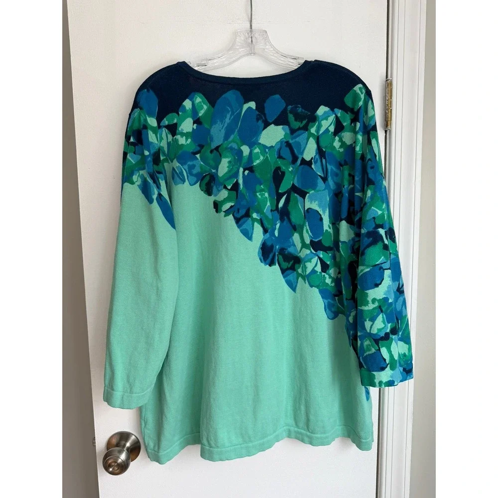 Isaac Mizrahi Live Womens 3X Cardigan Mint Green Blue Floral Cotton Sweater - Picture 3 of 10